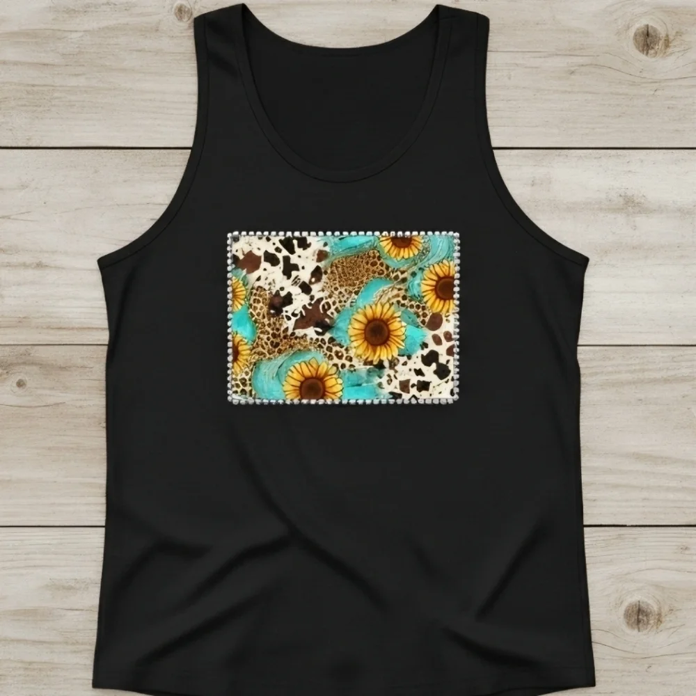 Sunflower Western Tank Top • Cow Print Leopard Patchwork • Boho Country